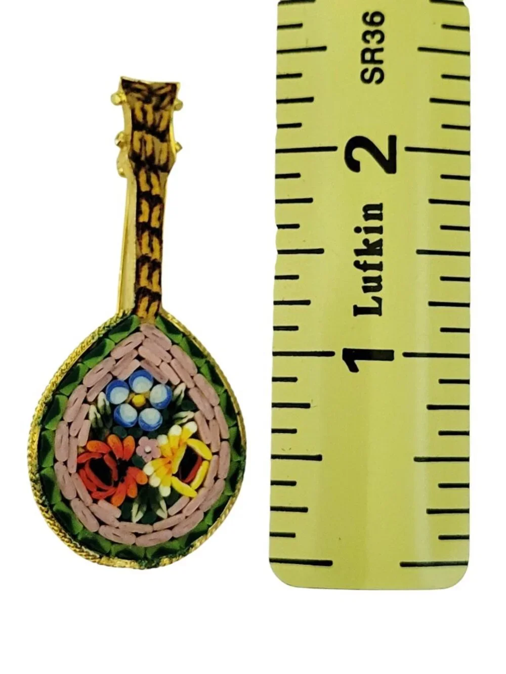Vintage Micro Mosaic Guitar Mandolin Floral Brooch Pin Colorful Italian Art